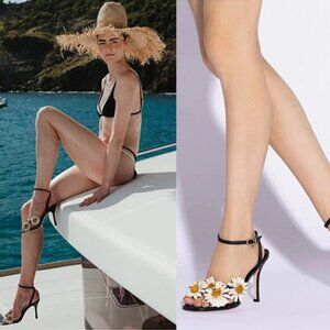 Larroudé Fiore Leather Floral Daisy Adjustable Ankle Strap Sandals Black Size: 7